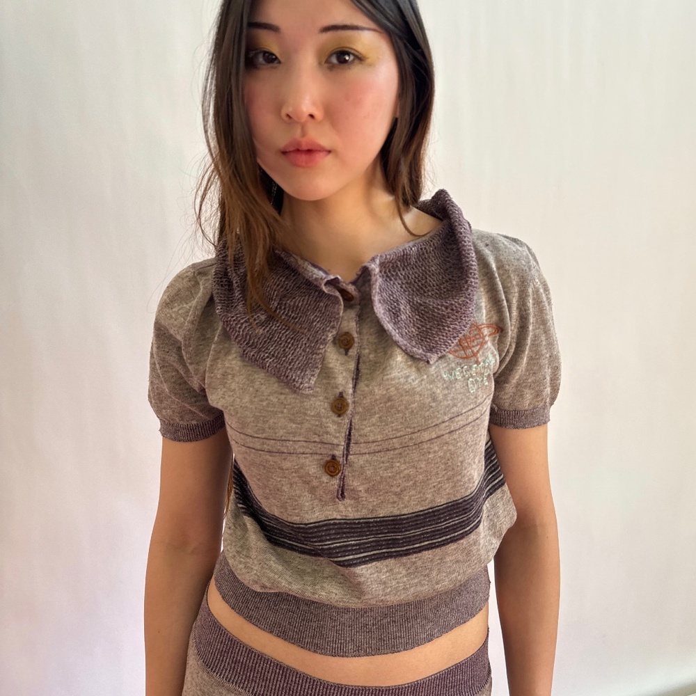Vivienne Westwood New 2014 Gold Label Purple Knitted Silk Yarn Polo